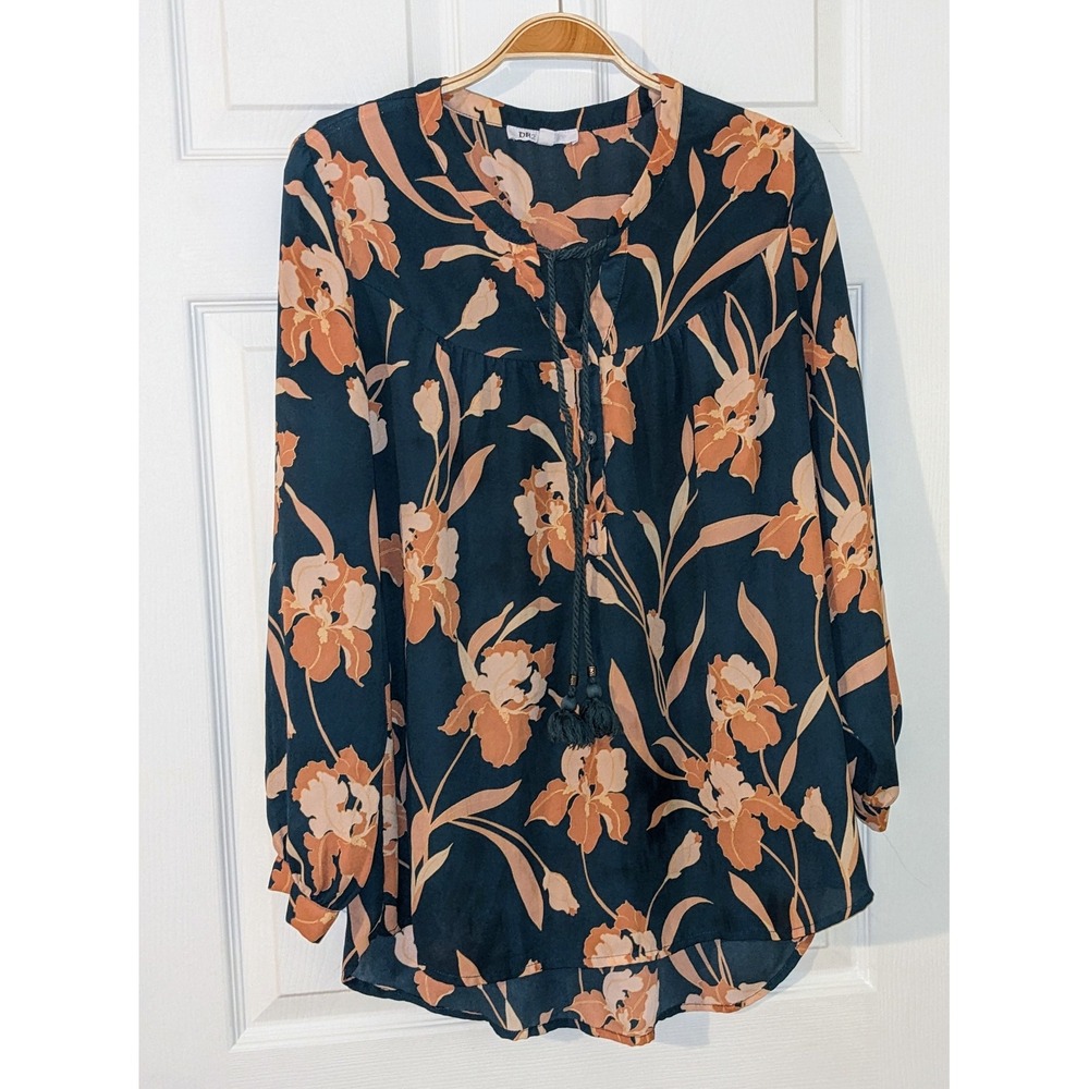 DR2 Daniel Rainn Floral Print Blouse Tassel Tie Neck Long Sleeve Top Small